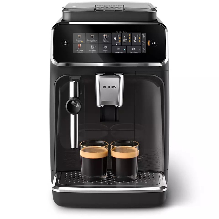 Aparat de cafea automat Philips EP3324/40 Series 3300 Panarello Plus, 1500 W, 15 bar, cu spumant manual de lapte, ecran tactil, filtru AquaClean, negru