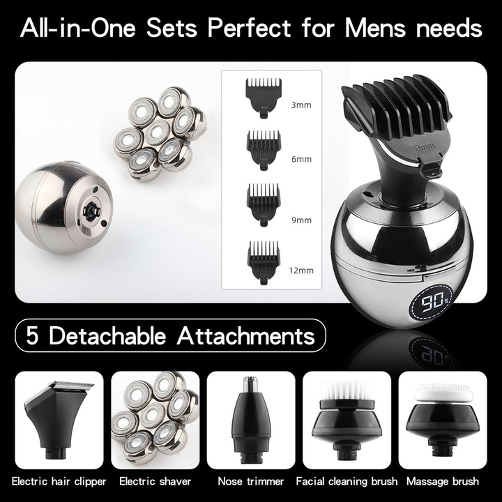 Aparat de ras electric pentru barbati, Latauar, Multifunctional 6 in 1, Baterie reincarcabila wireless, Impermeabil IPX5, Display LED, Usor de utilizat, gri
