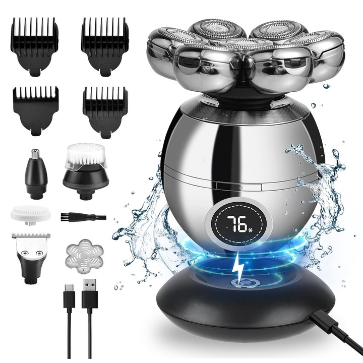 Електрическа самобръсначка за мъже, Latauar, Мултифункционална 6 в 1, Безжична акумулаторна батерия, IPX5 водоустойчив, LED дисплей, Лесен за използване, сив