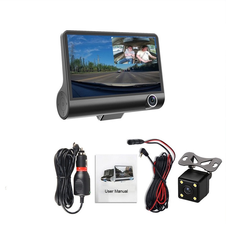 Camera Auto DVR LEIISVK, Tripla Lentila, Full HD 960P, Unghi Larg, G-Sensor, 4", Negru