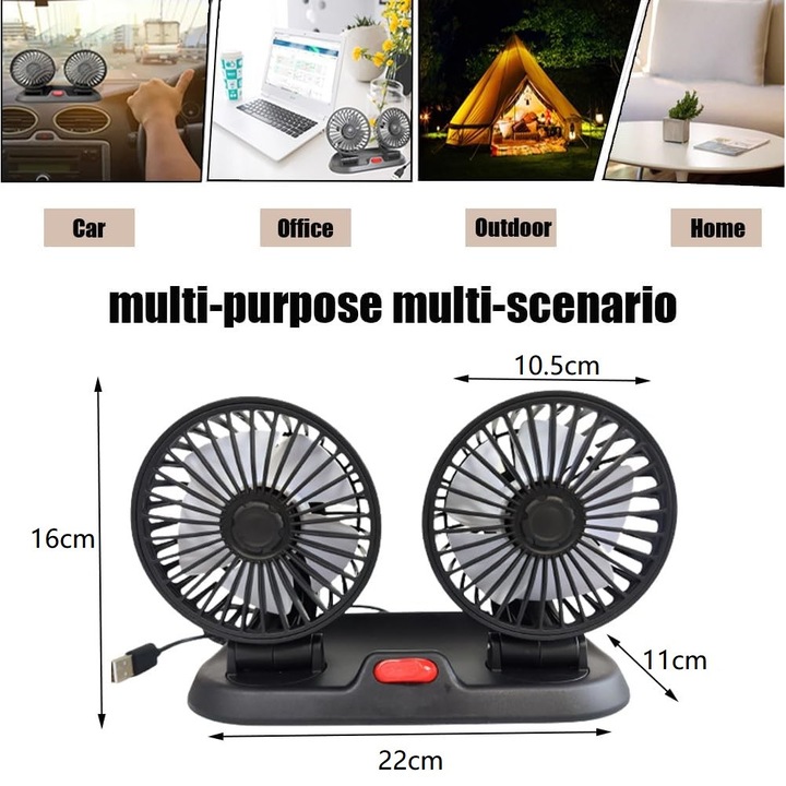 Вентилатор с две глави, Latauar, 5 V, 2 степени, USB зареждане, Черен
