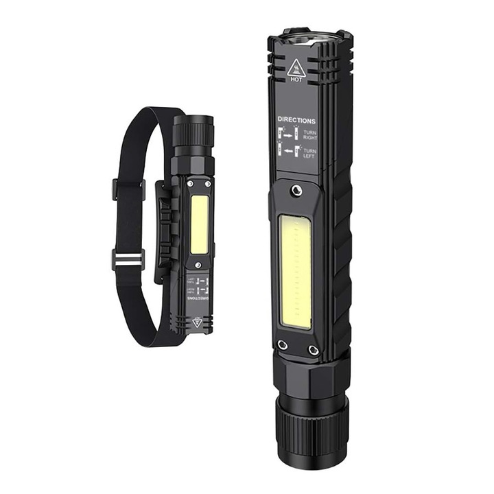 Lanterna LED multifunctionala, Latauar, 5W, 500 lm, cu acumulator 14500 mAh, incarcare USB, suport cap, prindere magnetica, IP42