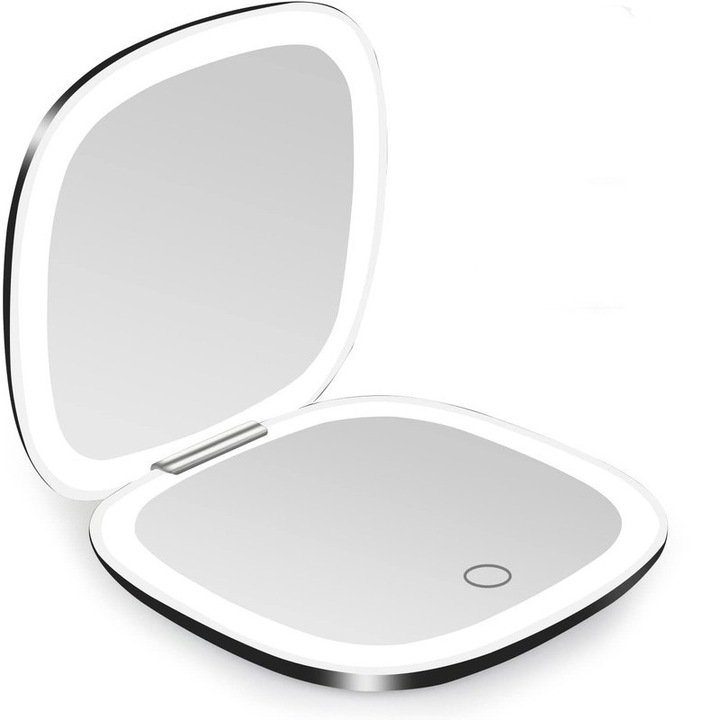 Oglinda Compacta, Oglinda de Machiaj de Calatorie Luminata, cu Marire de 1X/10X, cu Doua Fete, Reglabila, Incarcare USB, MNK-Tech1226, Negru