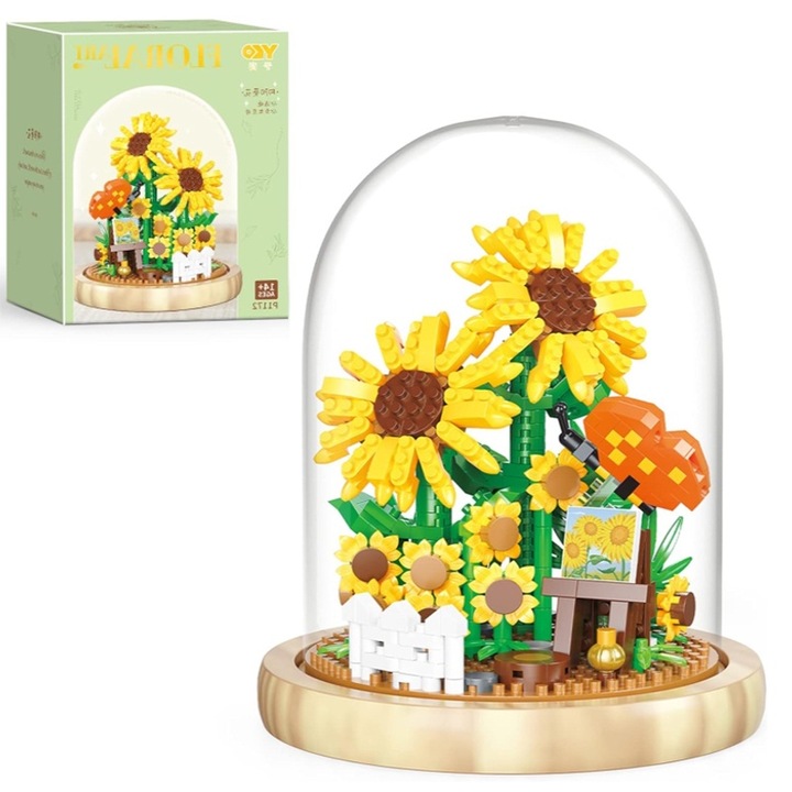 Set de blocuri de constructie pentru buchet DIY cu capac transparent + scandura de lemn, multicolor
