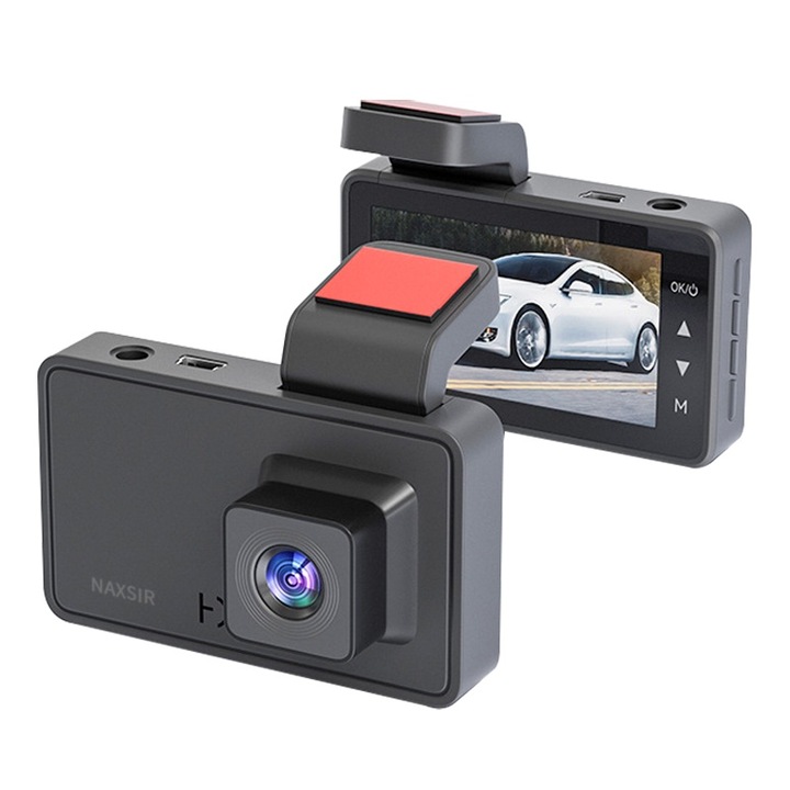 DVR камера за кола NAXSIR, Заснемане с нощно виждане, FullHD 1080p, 3" екран, Автоматичен цикличен запис, GPS, Черен