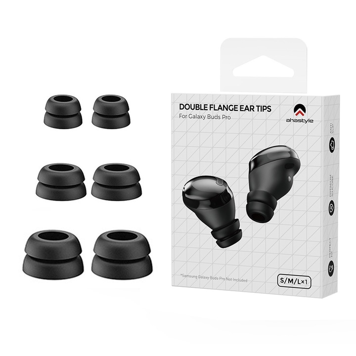 Set 3 perechi eartips, SINBINTA, Pentru Samsung Galaxy Bus Pro, Antialunecare, Confortabil de purtat, Reutilizabile, Usor de asamblat, Portabi, Cu flansa dubla, Design ergonomic, In ear, Silicon, S/M/L, Negru