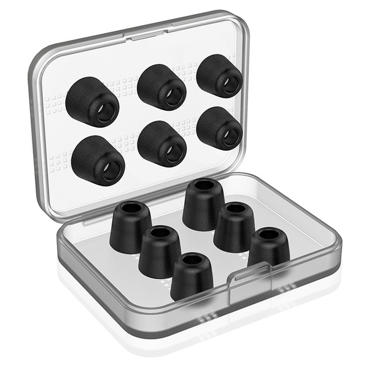 Set 6 perechi eartips spuma cu memorie, SINBINTA, S/M/L, Pentru 5 mm-6 mm majoritatea castilor, Cu cutie de depozitare, Portabi, Confortabil de purtat, Antialunecare, Reutilizabile, Design ergonomic, In ear, Negru