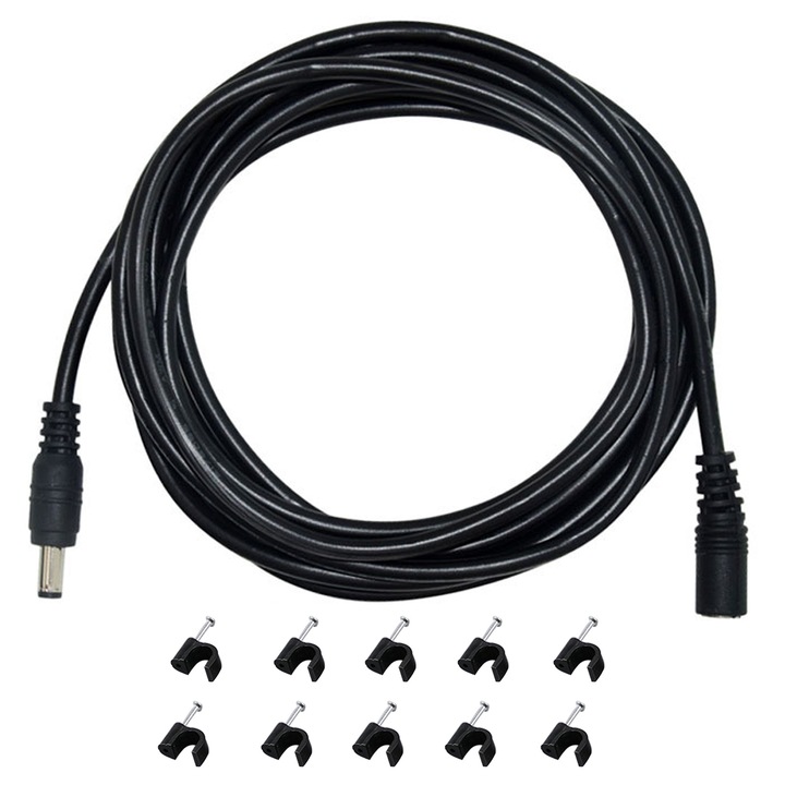 Cablu de alimentare, SINBINTA, Extensie 15m, Mama - Tata, 24V, 3A, Rezistent la temperaturi Inalte, Reutilizabile, Pentru camere de supraveghere, Banda led si produse electronice, Cu catarame cu filet fix, PVC/Cupru, Negru