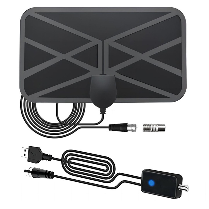 Antena digitala TV, SINBINTA, cu amplificator, Usor de instalat, 4K 1080P, Semnalului de 360 °, 5V, Portabil, Reutilizabile, Antisoc, Rezistent la uzura, Pentru dormitor, Living, Camera de jocuri, PC, 3.5m, Negru