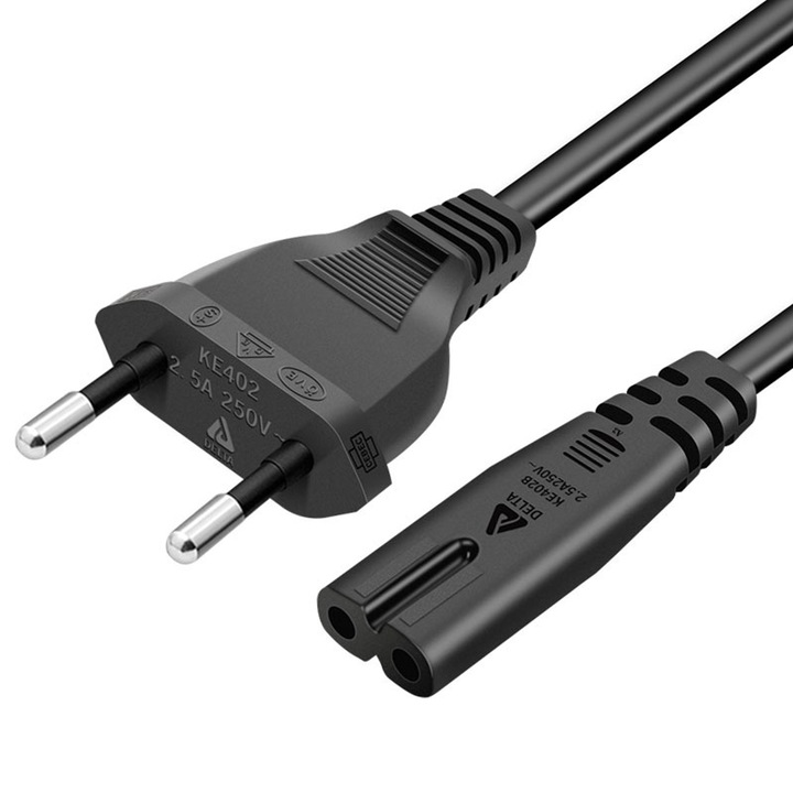 Cablu de alimentare TV, SINBINTA, 1.8m, Mufa Euro cu 2 pini la mufa figura 8, 2.5A, 250V, Rezistent la temperaturi inalte, Design ergonomic, Pentru scanere, Imprimante, Monitoare TV LED, Cupru/PVC, Negru