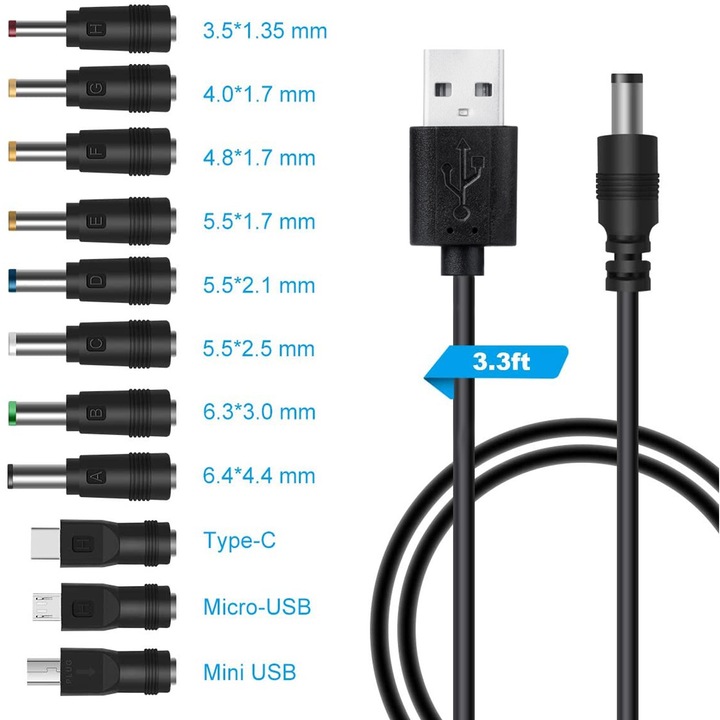Set 11 adaptoare universale, SINBINTA, Cablu de alimentare USB, 5.5x2.1 DC mufa interschimbabila, Multi-dimensiuni, Plug and play, 5V, 2A, Pentru aparate foto/Sisteme de telefonie de acasa/Difuzoare bluetooth, PC+ABS, Negru