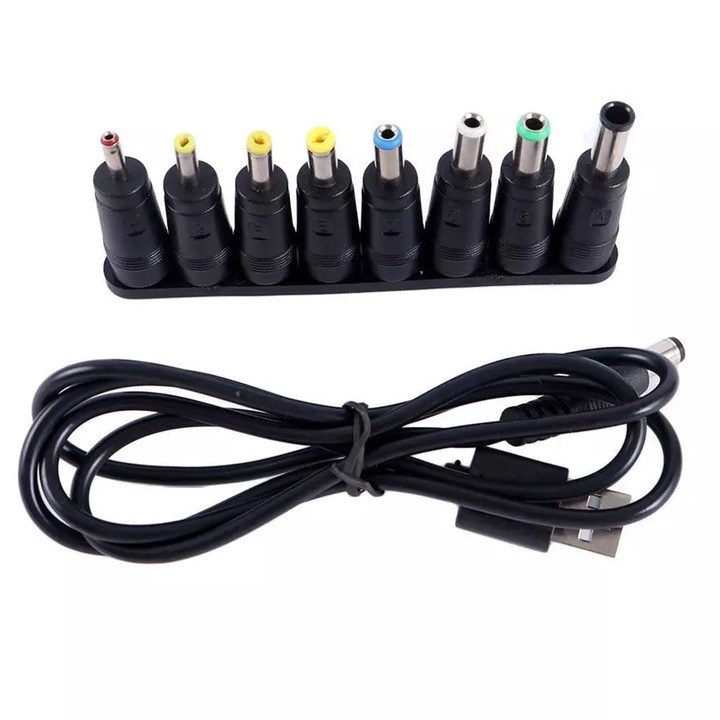 8 db univerzális adapter készlet, SINBINTA, USB tápkábellel, 5,5x2,5 DC cserélhető csatlakozóval, kompatibilis 5,5x2,1 mm, többdimenziós, Plug and play, 5V, 1A, Mini ventilátorhoz / LED pixel lámpához / mobiltelefonhoz, PVC, fekete