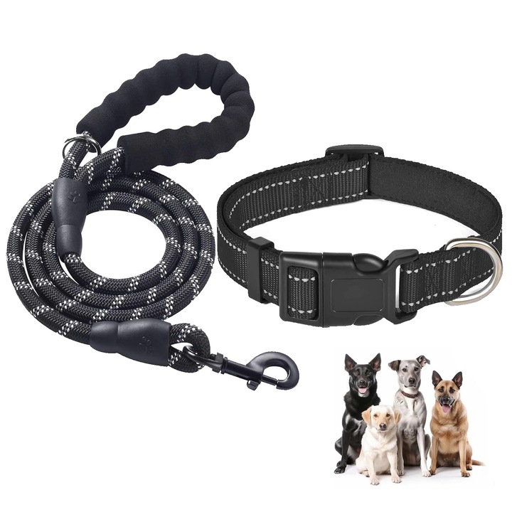 Lesa cordelina si Zgarda pentru caini, SINBINTA, Reflectorizanta, Marime XS, Zgarda ajustabila 20-30cm, Cordelina 1.5m, Vizibilitate noptii, Moale, Usor de purtat, Portabil, Reutilizabile, Pentru plimbari sau antrenamentele, Nylon, Negru