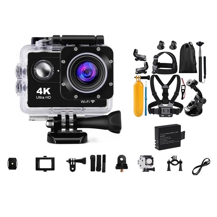 Спортна видеокамера 1TECH GoPlus CamPro-1, WIFI, 170 градуса, HDMI, Водоустойчивост, Комплект аксесоари 19 в 1, Черен