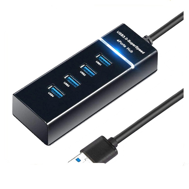 Hub USB 4 in 1, Kolohoso Splitter Hub USB 3.0, Adaptor Multiport Protectie Supracurent, Conectati-va la computer si utilizati-l direct, hard disk de 10 TB citire rapida, Negru