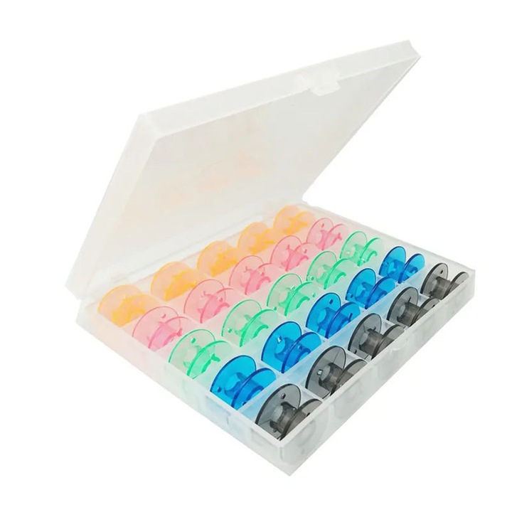 Set 25 Bobine De Broderie din Plastic, SINBINTA, Multicolor, Neteda fara bavuri, Cu cutie de depozitare, Reutilizabile, Poate fi aplicat la consumabile de cusut de acasa si la masina de brodat, 20 x 11mm
