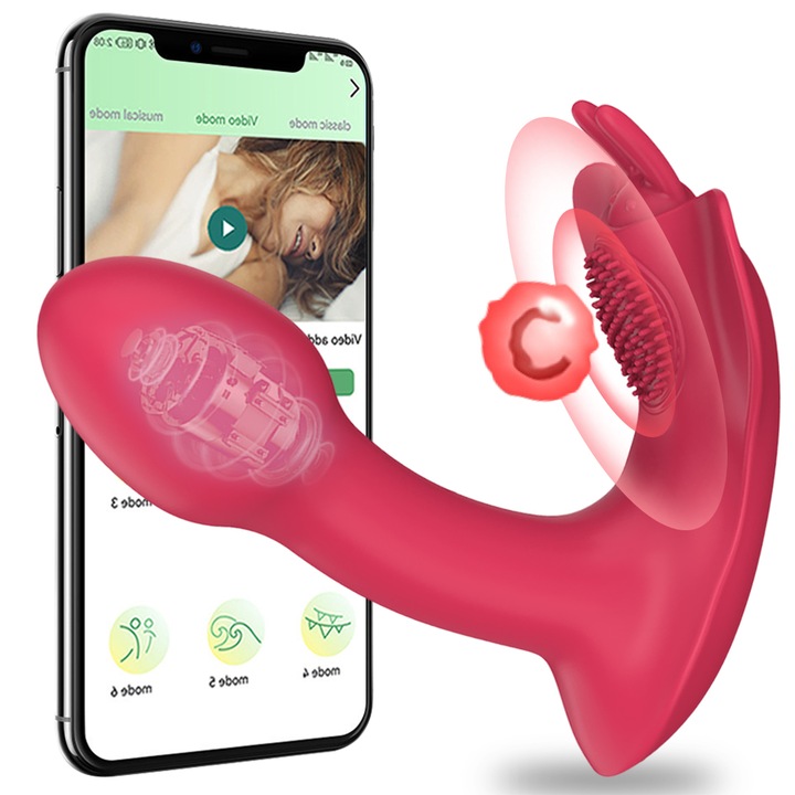 Vibrator Chiloti FairyKiss® jucarii sexuale, Telecomanda aplicatiei mobile, Functie de vibratii cu dildo, 2 in1 cu stimulator clitoris si punct G, vibrator femei sex, rezistent la apa, 7 intensitati, Rosu