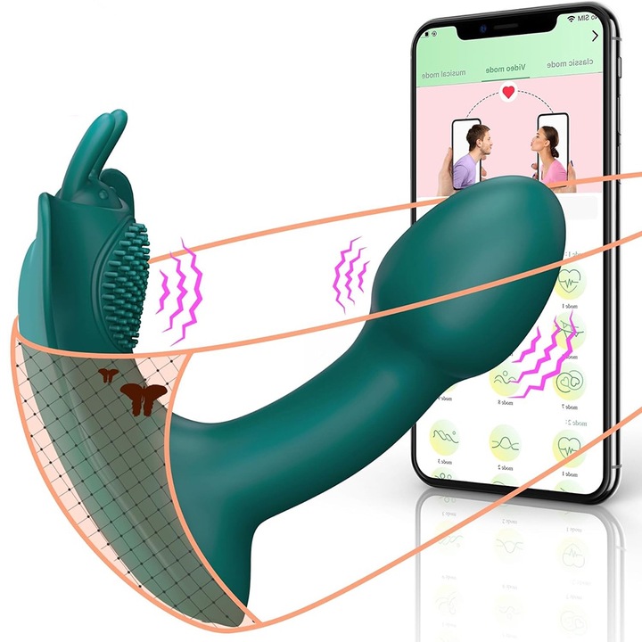 Vibrator chiloti FairyKiss® jucarii sexuale, Telecomanda aplicatiei mobile, Functie de vibratii cu dildo, 2 in1 cu stimulator clitoris si punct G, vibrator femei sex, rezistent la apa, 7 intensitati, Verde