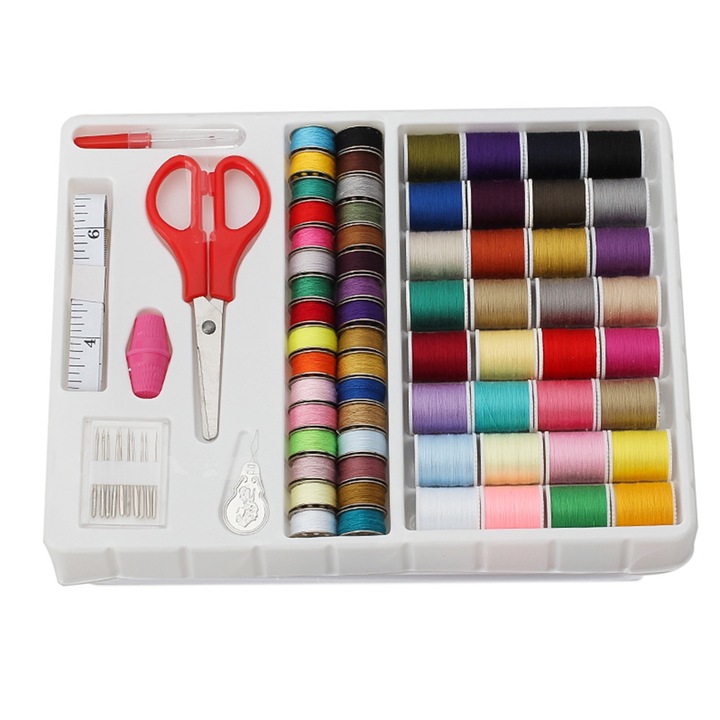 Комплект консумативи и аксесоари за шевни машини, SIBINTA, 80 части, С напръстник, вдеващо устройство, ролетка, макари с конци, ножица, игли, За начинаещи, пътуващи, цялото семейство, Пластмаса, 27,5 х 21,2 см, Многоцветен