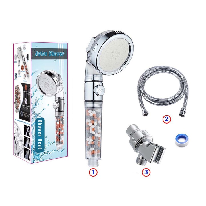 Capul de dus, Filtru apa, Kolohoso Para de dus cu 3 setari, Cu accesorii, Cu conducta de apa si element de filtru, usor de instalat, Inox
