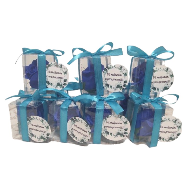 Set 10 marturii nunta/botez cu trandafir de sapun, parfumat, albastru, in cutiuta acetofan transparenta, 5x5x6.5 cm cu eticheta