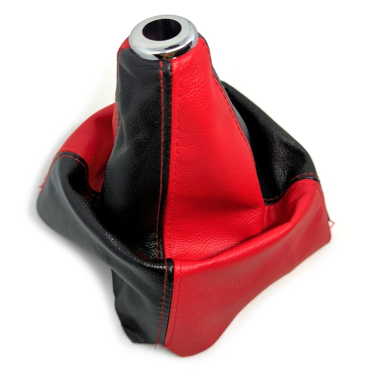 Husa schimbator viteze din piele naturala rosie cu piele neagra si cusatura rosie, model universal