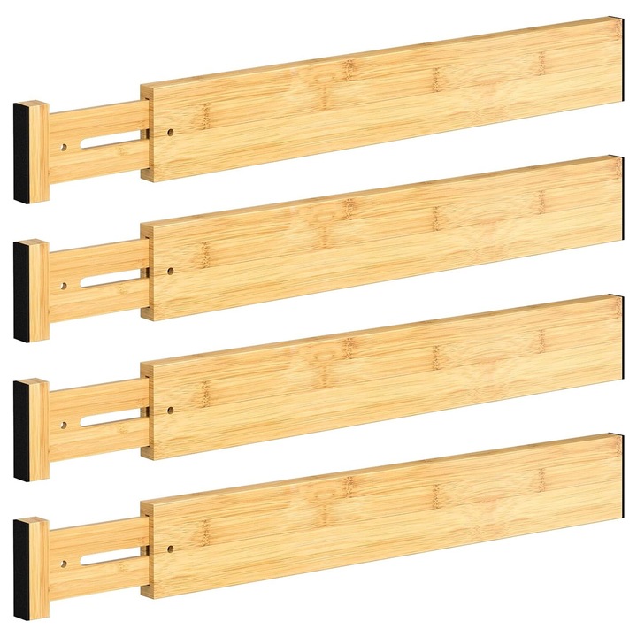 Set 4 organizatoare reglabile pentru sertar, Hggzeg, Pliabil, Usor de instalat si decupat, Pentru Dulapuri si Rafturi, Marime Ajustabila 43 - 56 cm, Protectii Anti Alunecare, Bambus, 56x6x1.5 cm, Natural