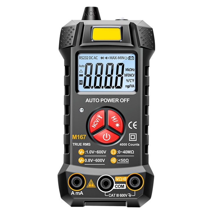 Цифров мултицет за измерване на постоянно и променливо напрежение, Hggzeg, волтметър и омметър, температура, непрекъснатост, капацитет, диод, съпротивление, честотен тест, NCV, автоматично откриване, LCD дисплей, аларма за претоварване, ABS, черен