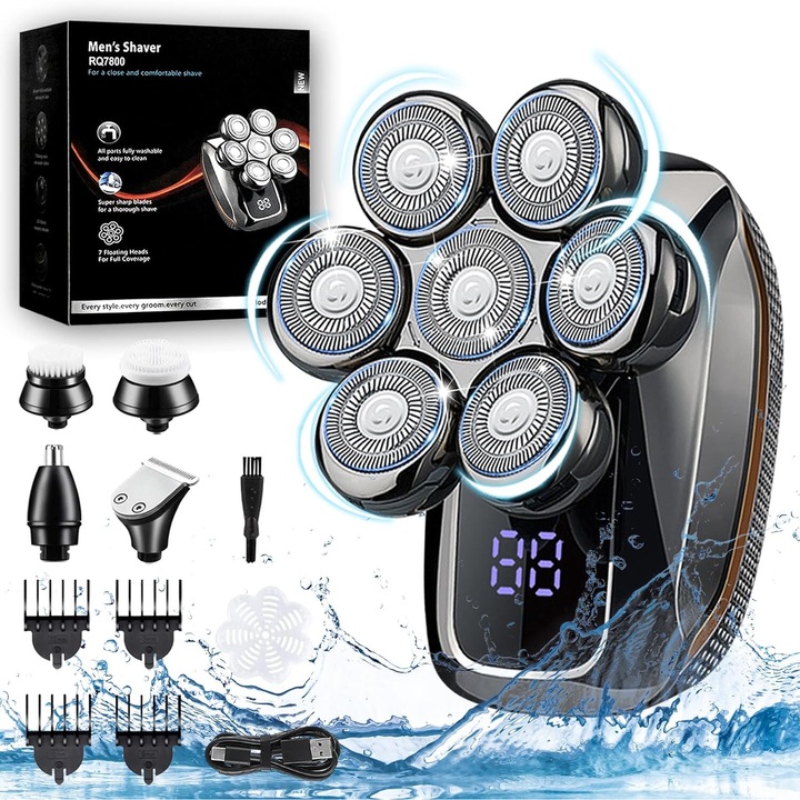 Aparat de ras Profesional 7D pentru barbati, cu 7 lame, Accesorii 6 in 1, impermeabil IPX6, Kit profesional de ingrijire, pentru barbati fata cap si corp, Display digital, Umed si uscat, Cu trimmer pentru barba si nas