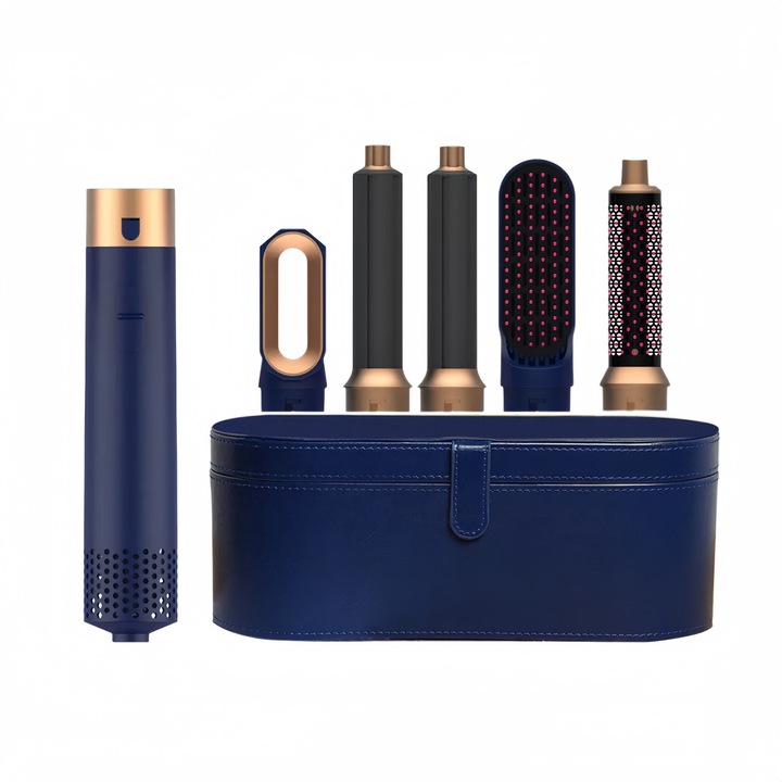 Perie Electrica pentru Par, Multifunctionala, 5 in 1, 1200W, 3 Trepte de Temperatura, Uscare, Ondulare, Indreptare si Coafat Parul, Portabila, Cutie Depozitare, Capete Interschimbabile, Pieptene, Elastic Par incluse, Albastru Glossy