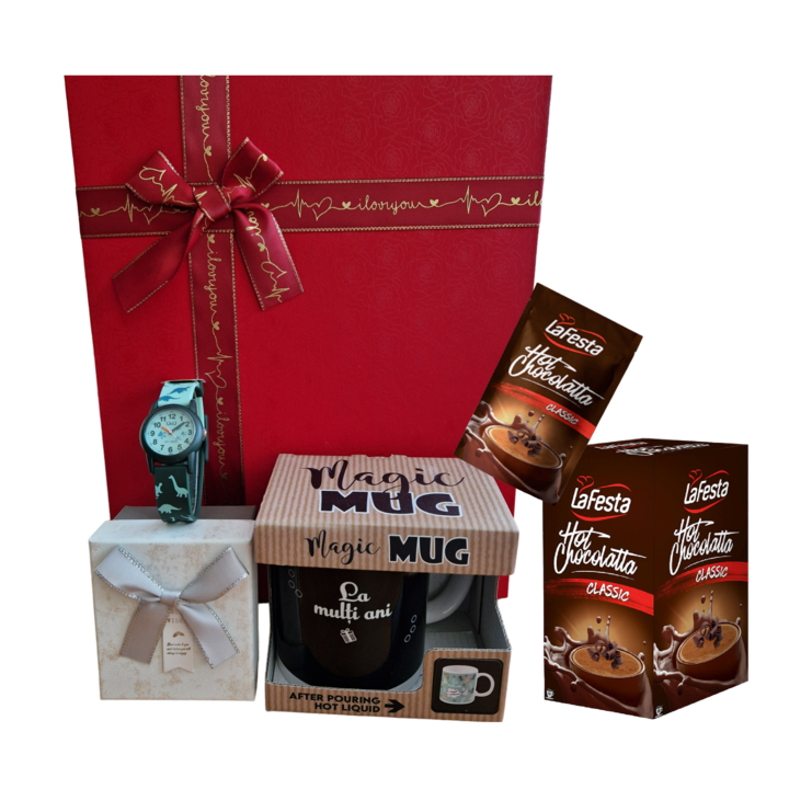 Pachet cadou pentru copii cu cana termosensibila La Multi Ani, Ceas Q&Q VR99J010Y, ciocolata calda, cutie decorativa