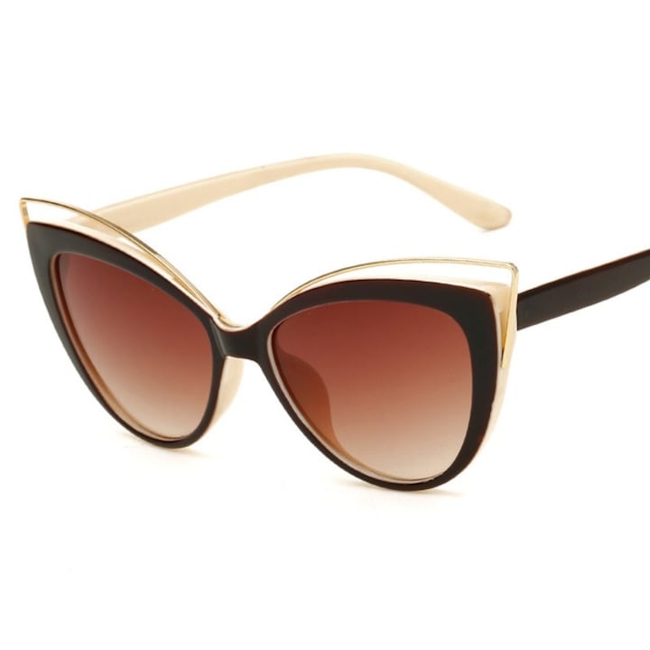 Ochelari de Soare, Femei, Gilded Cat-eye, Fashion, Protectie UV400, Maro-Negru-Alb