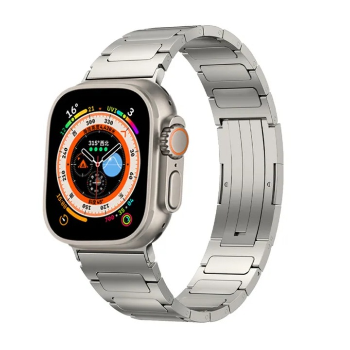 Curea Titan, MTP Titanium Band, compatibila Apple Watch 7/8, Model Super Usor, Sistem scurtare rapid, 45 mm, Titanium