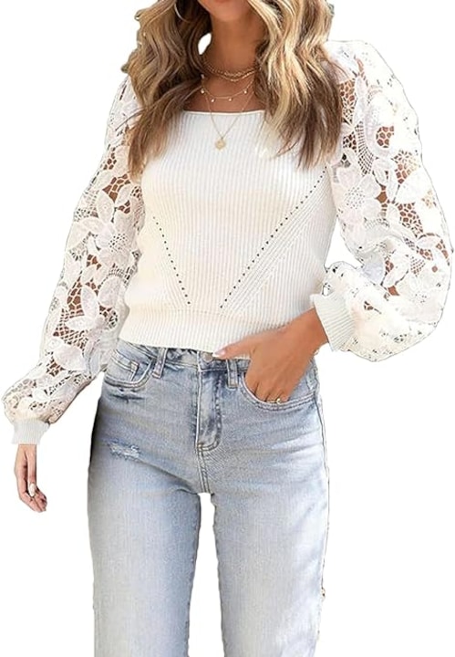 Top cu maneca lunga din dantela pentru femei, alb, de la Kekuningan, Alb