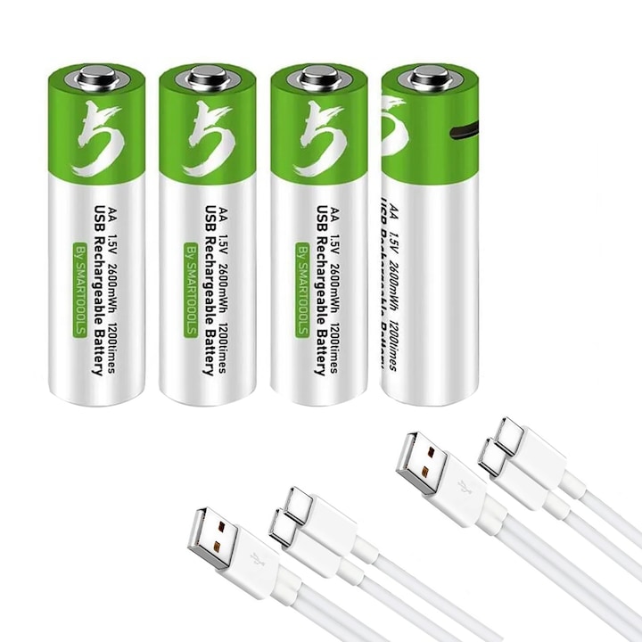 4 db AA újratölthető elem készlet, Zggzerg, Li-ion, 2600 mwh, 1,5 V, 1,5 órás gyorstöltés, Több mint 1200 ciklus, Túltöltés elleni védelem, 2 db USB Type C töltőkábellel, Játékokhoz, távirányítókhoz, zseblámpákhoz, Többszínű