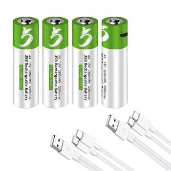 Set 4 Acumulatori AA Reincarcabili, Zggzerg, Li-ion, 2600mwh, 1.5v, Incarcare rapida de 1, 5 ore, Peste 1200 de cicluri, Protectie la supraincarcare, Cu 2 cabluri de incarcare USB tip C, Potrivit pentru jucarii, telecomenzi, lantern, Multicolor