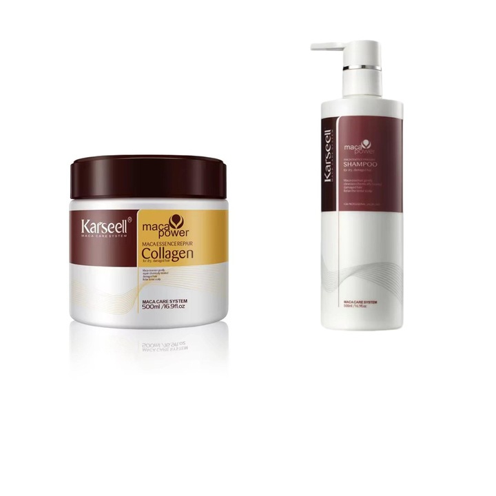 Set ingrijire par Karseell: Masca cu colagen 500ml + Sampon cu esenta de Maca 500ml, potrivit pentru toate tipurile de par, reparatie si hidratare intensa, CEZI