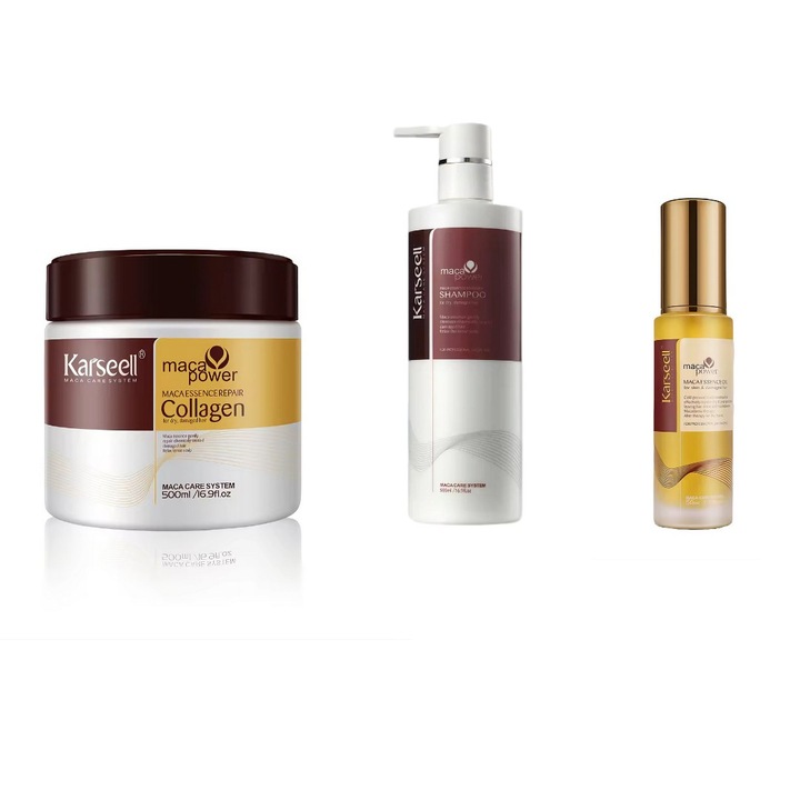Маска, шампоан, олио за коса Karseell Collagen, за всички типове коса, с есенция от мака, отличен за грижа за косата, маска 500 мл, шампоан 500 мл, масло 50 мл, CEZI