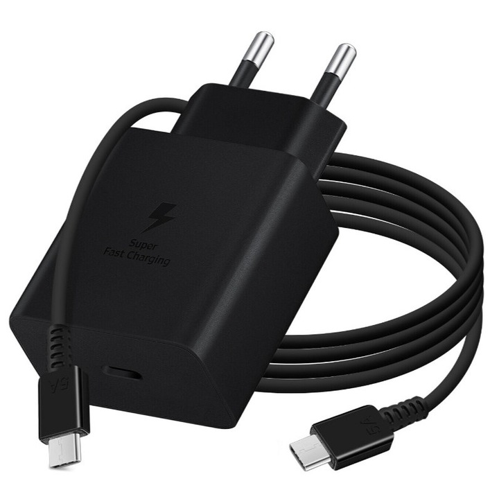 Kábel és hálózati töltő készlet Plane Tech, 45W, Samsunghoz, Szupergyors töltés, Eredeti, Kábel 1,80 méter, 5A, Fekete