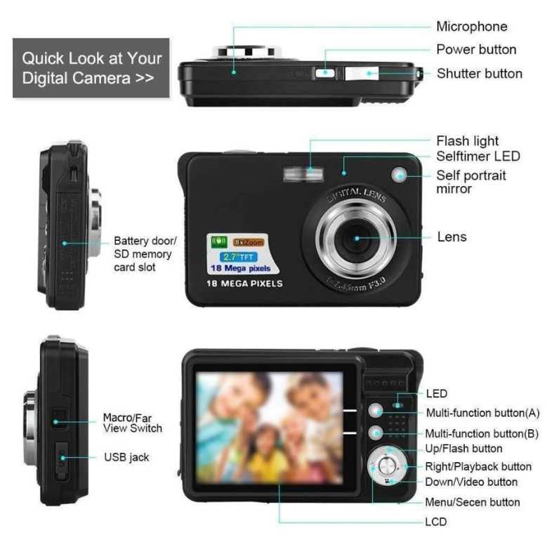 Camera digitala, 48 Megapixeli, Negru, Retro, Camera video, Negru ...