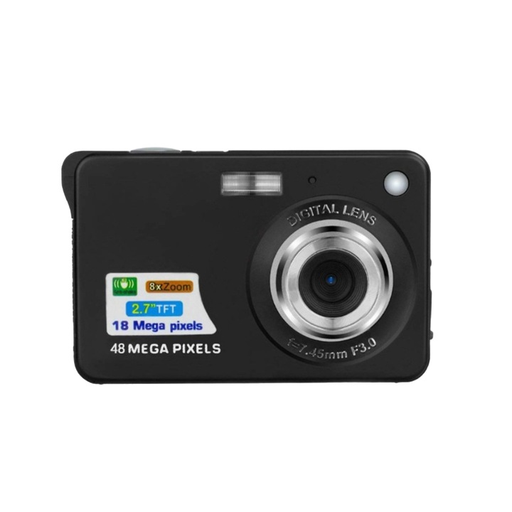 Digitális fényképezőgép, 48 megapixel, retro, videokamera, fekete, nagy felbontású, TFT képernyő