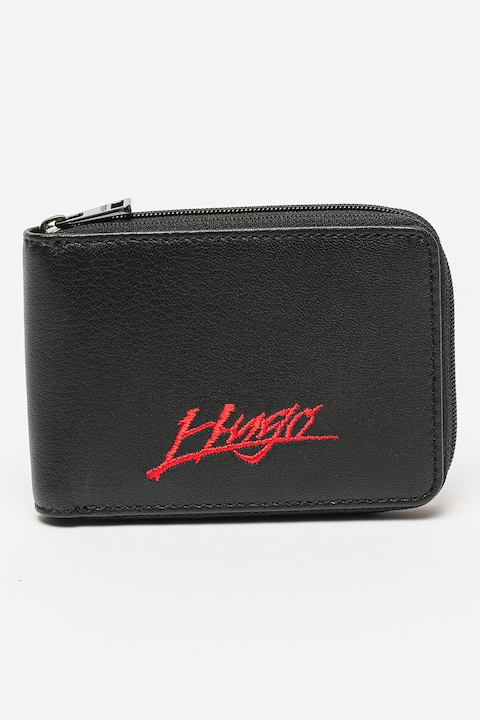 HUGO, Portofel de piele cu logo brodat Handwritten 2.0, Negru
