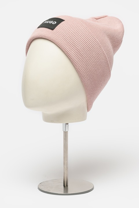 HUGO, Caciula tricotata cu aplicatie logo Saretty, Roz prafuit