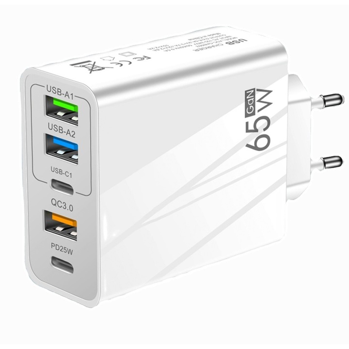 Hálózati töltő, 65 W-os gyorstöltés, 5 port, 3 x USB, 2 x Type-C, univerzális kompatibilis iPhone, Huawei, Samsung, Xiaomi, fehér