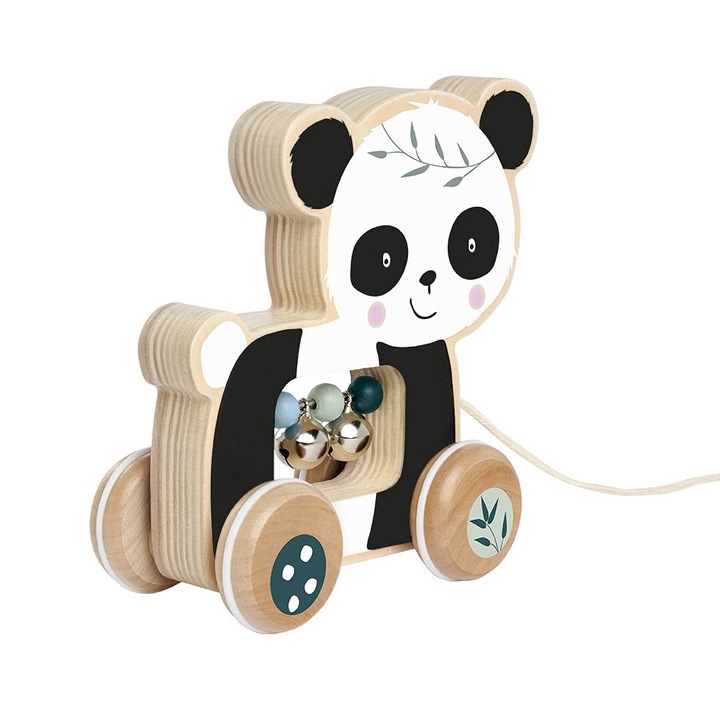 Jucarie de tras panda, Eichhorn, cu clopotei, 15 cm, lemn, de la 1 an