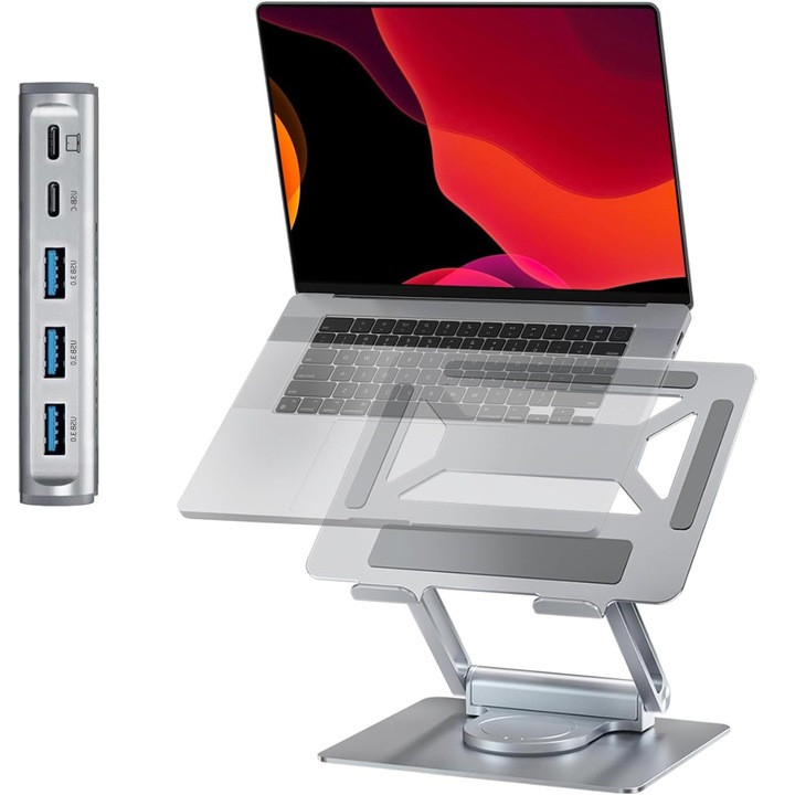 Suport laptop portabil Dasbo®, Reglabil pe inaltime, Pliabil cu Baza rotativa 360°, din aluminiu, Baze antialunecare, compatibil cu toate laptopurile 7-17'', 3 x Port USB 3.0, 2 x Port Type-C, 275mm x 238mm, Argintiu