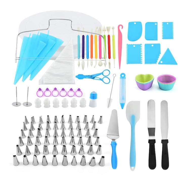 Set Platou Rotativ pentru Patiserie/Cofetarie 110 piese, Duze pentru Ornat si Taietor Blat, Onuvio Gea