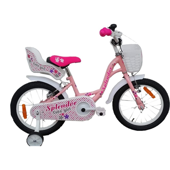 Bicicleta pentru copii Splendor, BIC12Roz, Material cadru: otel, Tip frana: Caliper, bidon apa, roti ajutatoare, 12", BIC12ROZ