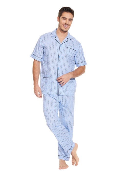 Pijama Barbati, Global, Bumbac, Maneca Scurta si Pantalon Lung, Model Carouri, Albastru
