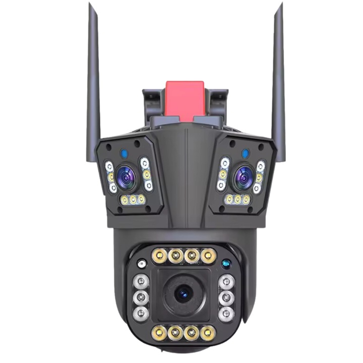 Тройна камера за наблюдение, WIFI връзка, 12 MP, Ultra HD, вътрешно/външно, Zoom 5X, ротационна функция, LED светлина, сензор за движение, аларма, черен, PROMERCO
